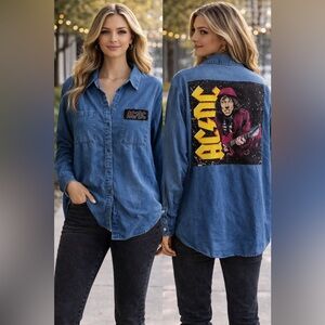 Custom AC DC Graphic Tee On a new day Denim High Low Shirt size L Upcycled OOAK